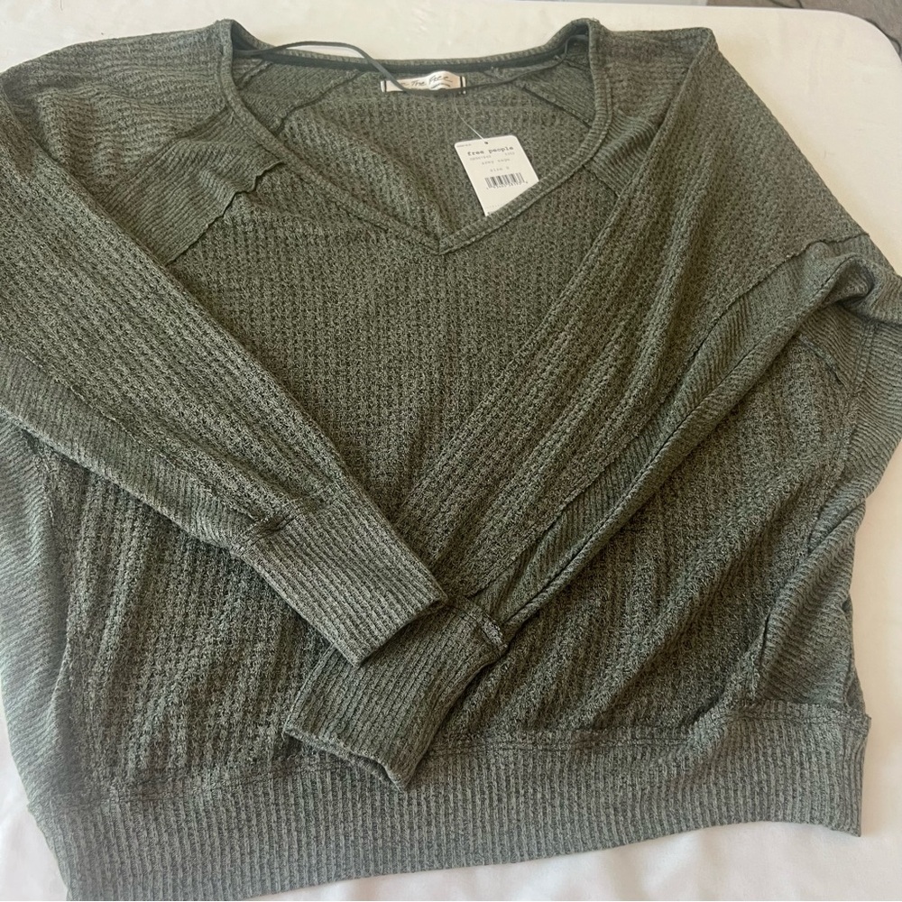 Free People Waffle Knit V Neck Top Army Sage NWT Size S